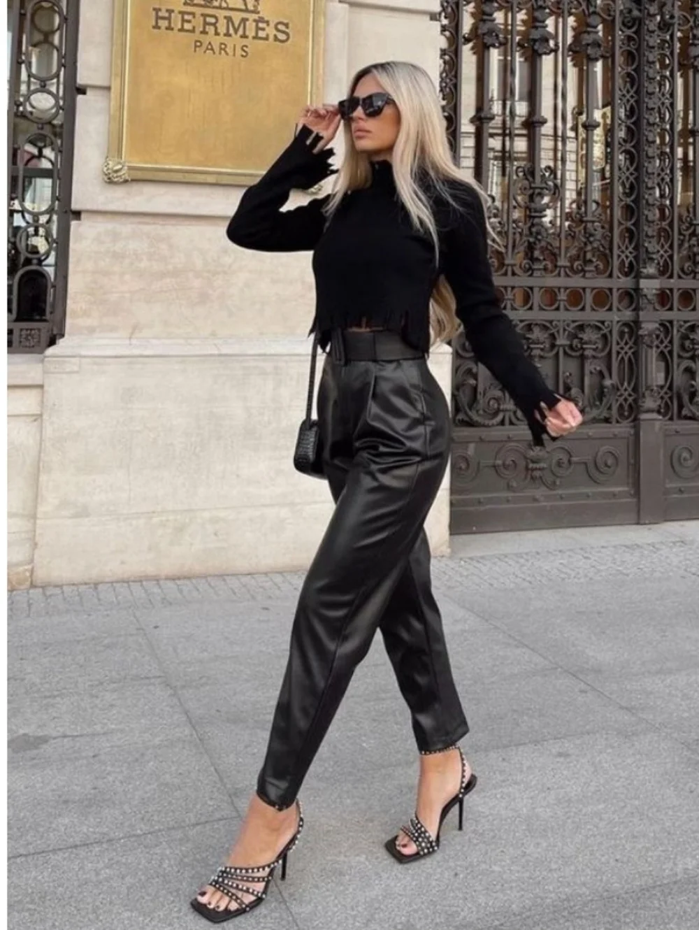 ZARA * FAUX LEATHER BELTED PANTS BLACK Size XS